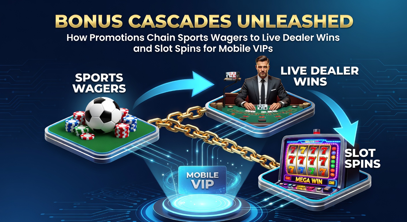 Dynamic illustration of bonus cascades linking sports betting wagers to live dealer tables and slot machine spins on a mobile screen