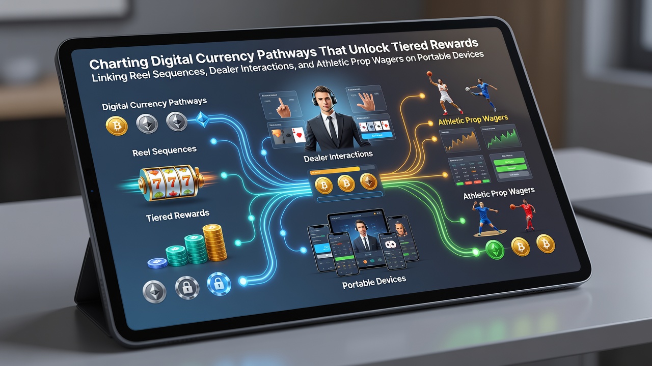 Mobile device screen showing interconnected digital currency flows between slot reels, live dealer tables, and sports prop bet interfaces