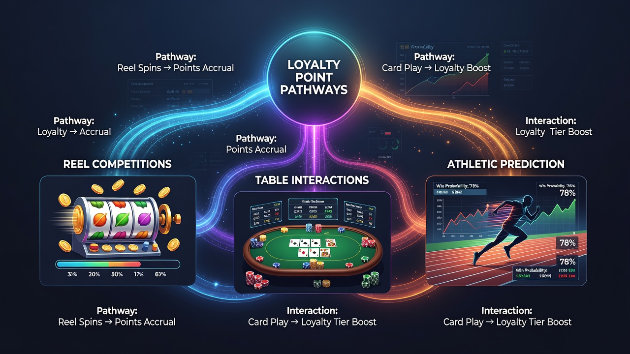 Flow diagram illustrating how mobile transfers link loyalty points from slots, live tables, and sports betting into unified reward pathways