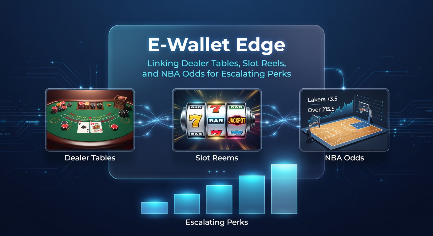 Digital wallet interface displaying linked casino games, slots, and NBA betting options with escalating reward tiers