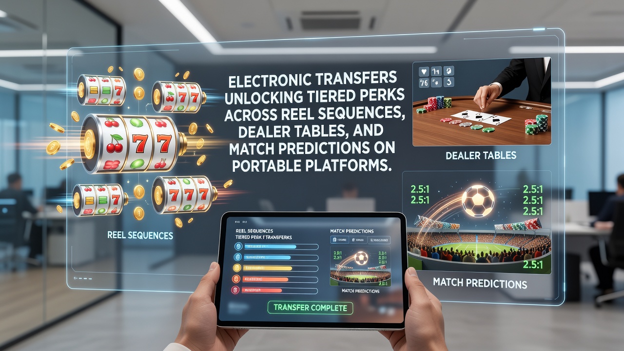 Mobile screen displaying electronic transfer interface connected to slot reels, live dealer table, and sports match predictions
