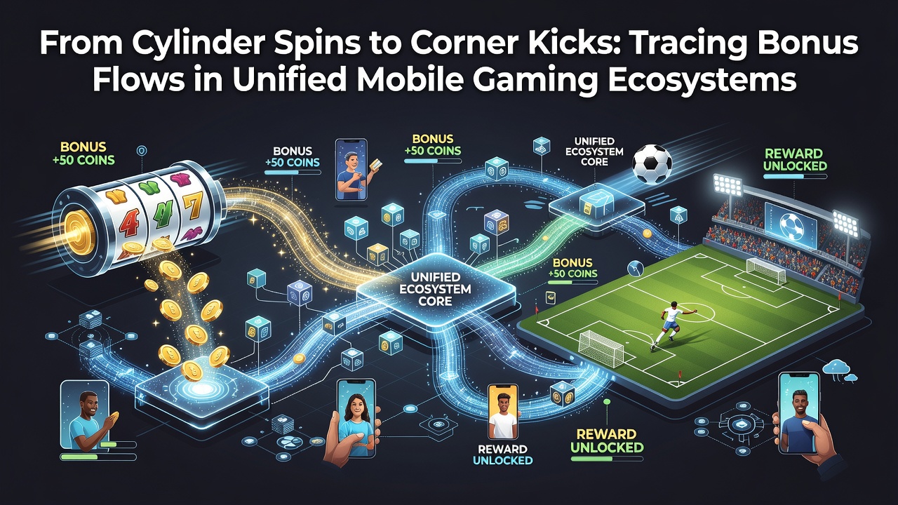 Diagram showing interconnected bonus pathways between slot cylinders, live dealer tables, and soccer corner kick wagers within a single mobile app interface