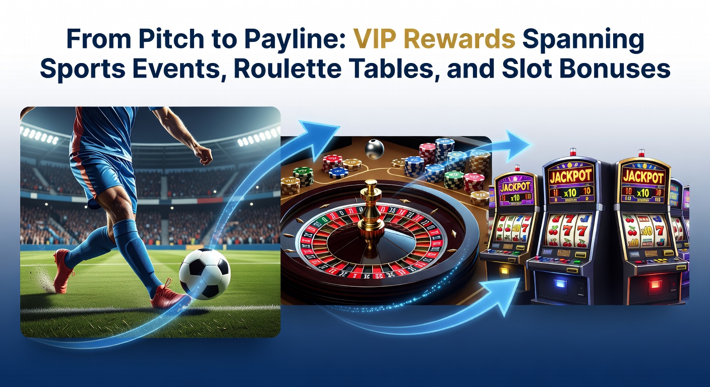 VIP players celebrating at a sports event with casino chips and slot machines in the background, highlighting cross-platform rewards