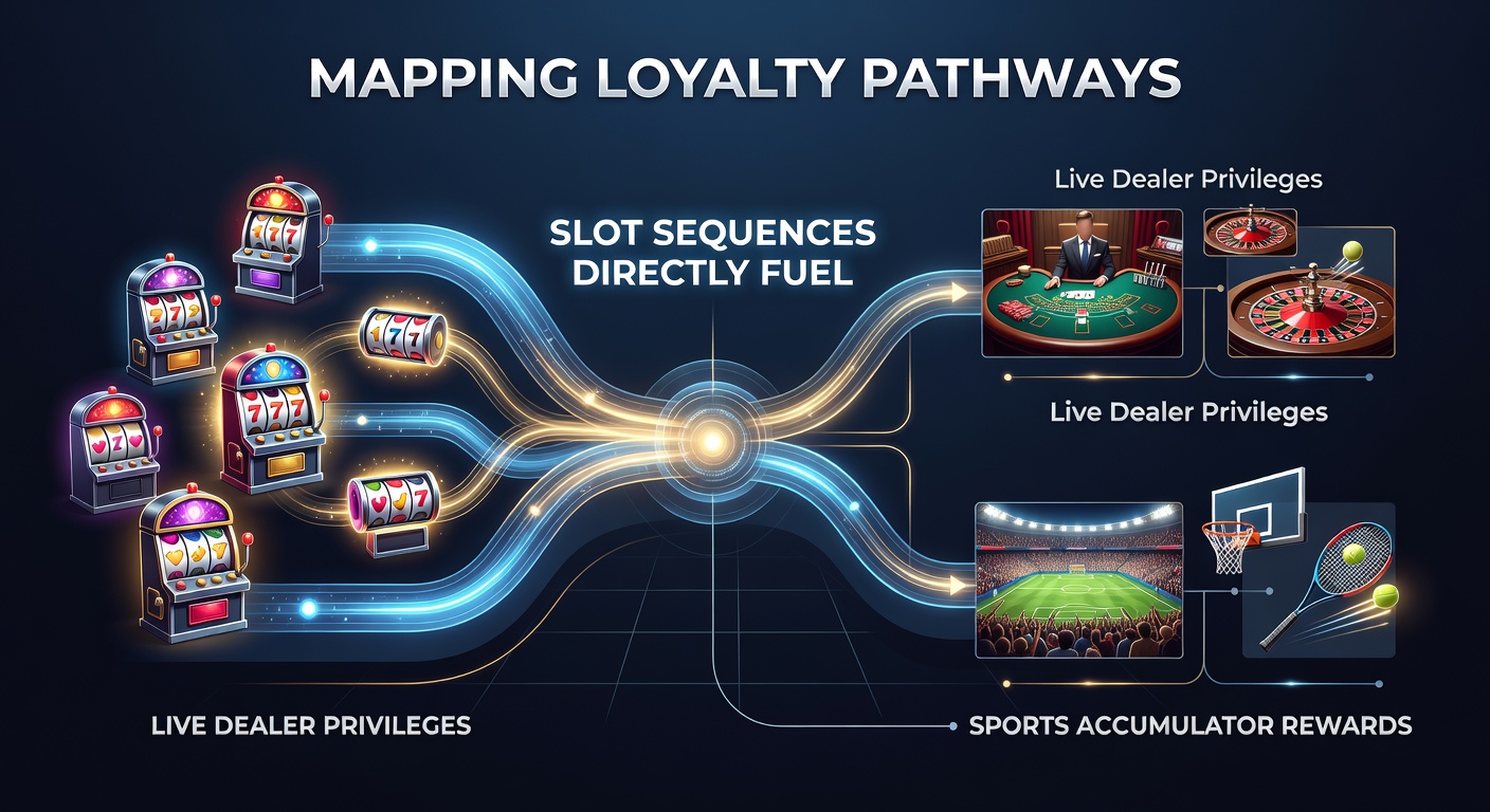 Diagram illustrating loyalty pathways from slots to live dealer tables and sports accumulators on a smartphone screen