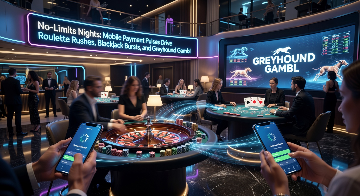 Dynamic split-screen of a blackjack table bursting with action next to a greyhound track graphic, overlaid with mobile payment icons pulsing green for approvals during a VIP no-limits night