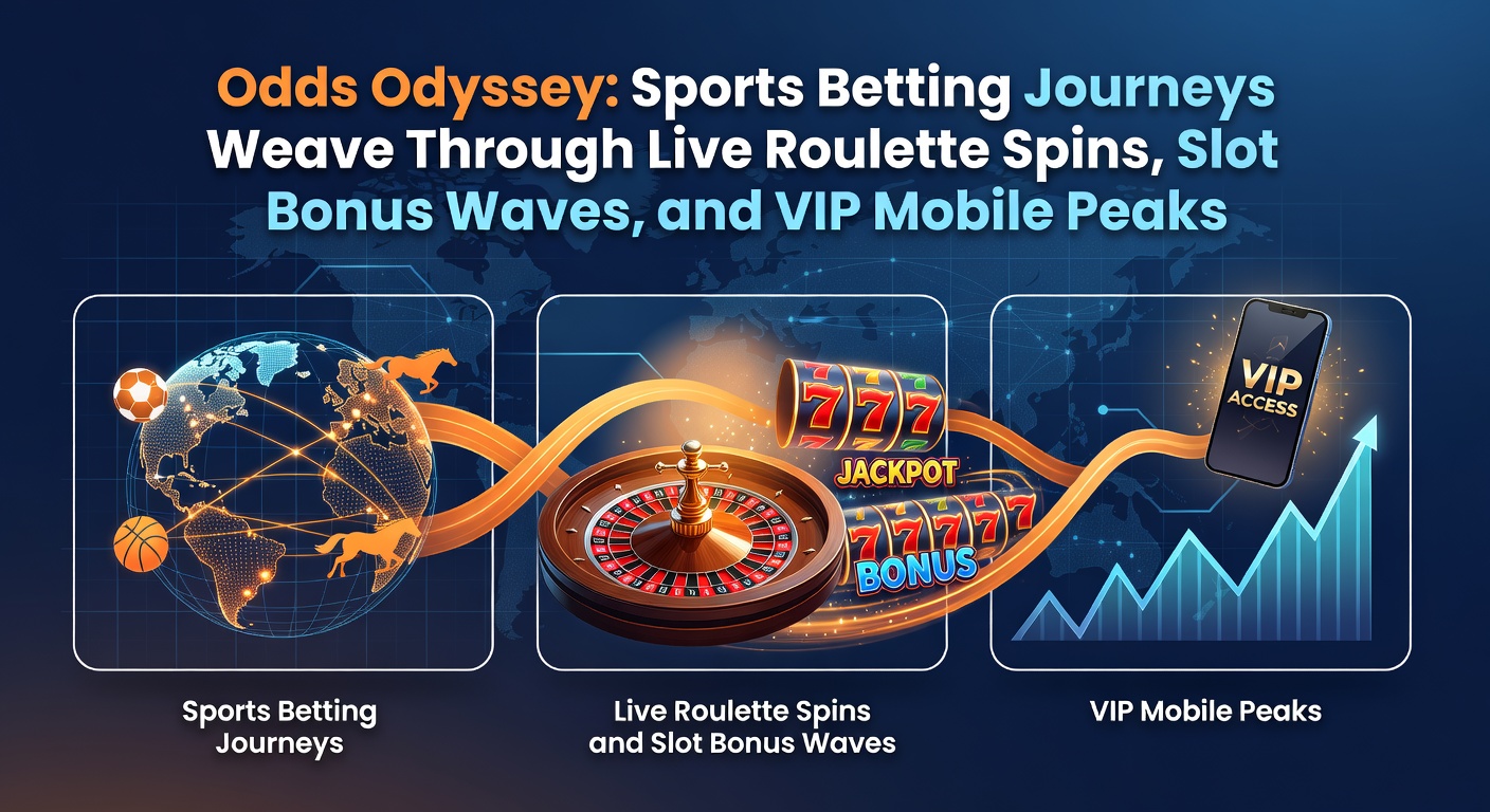 Dynamic collage showing sports stadium lights blending into spinning roulette wheels, cascading slot reels, and sleek mobile VIP interfaces glowing with rewards