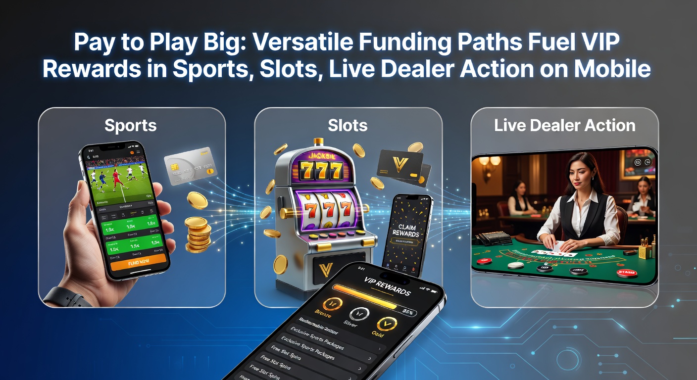 Mobile screen showing sports bet slip alongside slot reels and live dealer table, with payment icons overlayed
