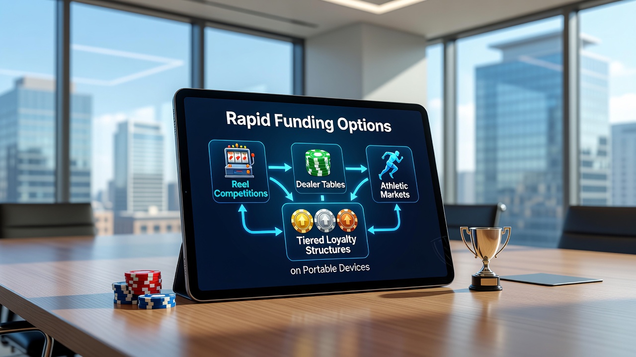 Mobile app interface showing rapid funding options connected to slot tournaments, live dealer tables, and sports betting markets with loyalty tier progress indicators