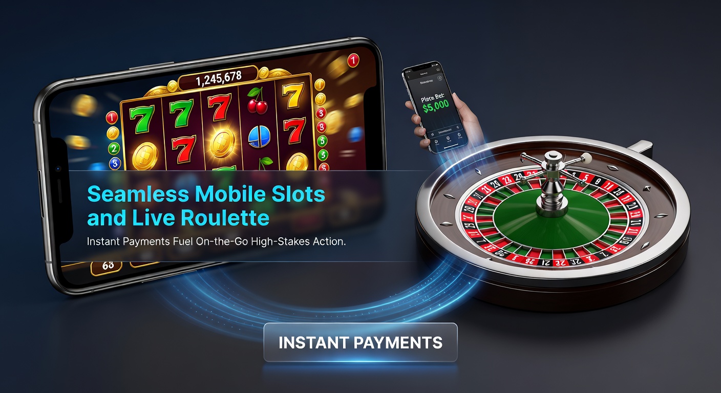Smartphone displaying vibrant mobile slot reels spinning with instant payment icons overlayed, capturing the essence of on-the-go gaming thrill