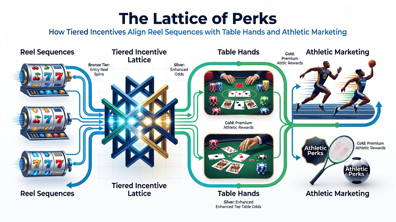 Illustration of tier progression paths connecting mobile slots, live tables, and sports markets with reward icons