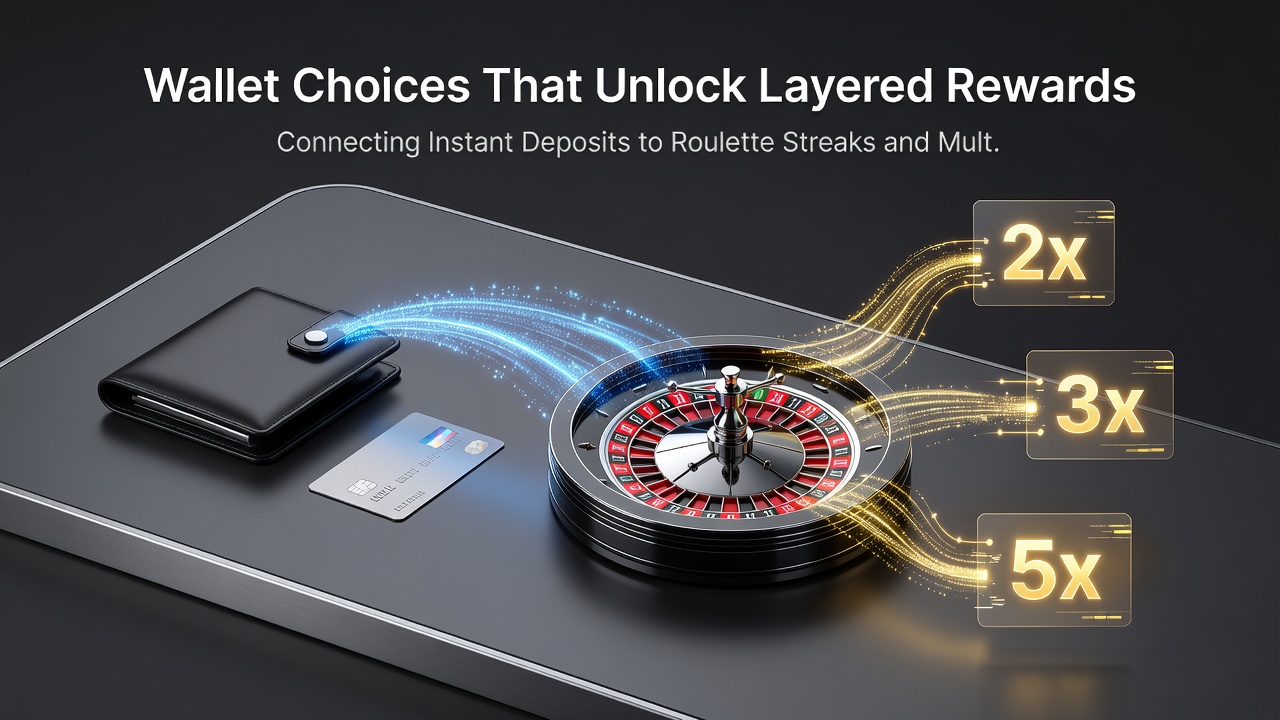 Roulette wheel and sports parlay interface connected through digital wallet deposit flow